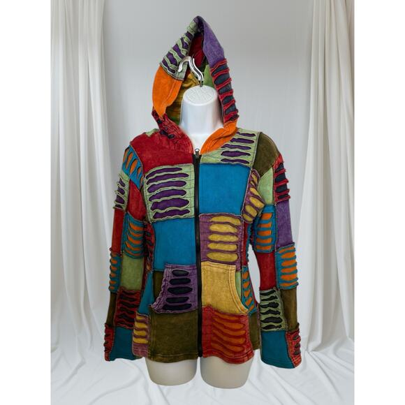 Boho Hippie Patchwork Hoodie Jacket Multicolor Slashed Cotton Zip Up Nepal - Picture 1 of 9